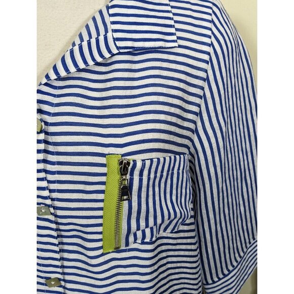 IC Connie K Button Up Shirt Blouse Womens L White Blue Striped Zippers Flax - Picture 6 of 11